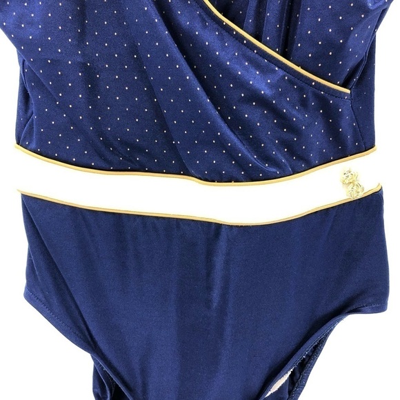 Vintage Robby Len One Piece Swimsuit Bathing Suit Nautical Blue Gold Sz 14 - Picture 3 of 15